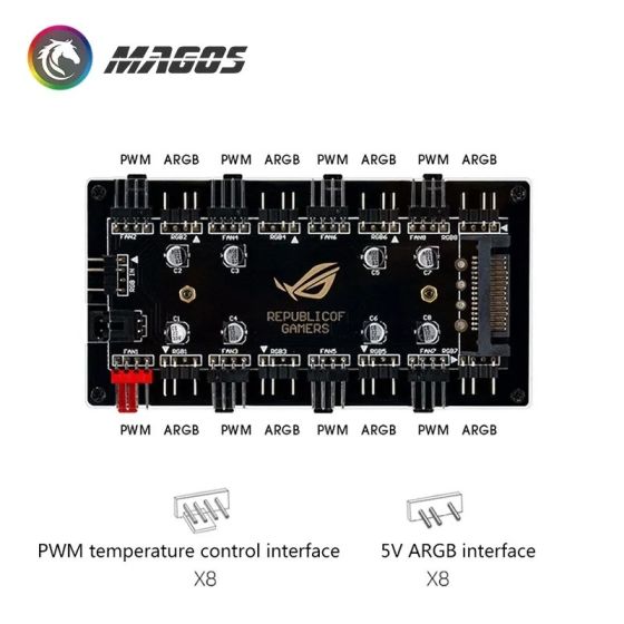 HUB ventilateurs PWM/ARGB 8 ports (Connecteurs : 8X 3Pin A-RBG + 8X 4Pin PWM)