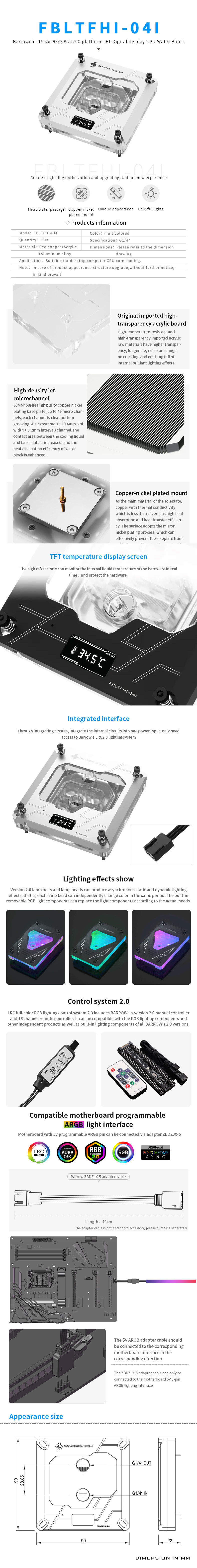 Barrowch Waterblock CPU avec écran pour Intel (LGA1700/1200) - Blanc (FBLTFHI-04I)