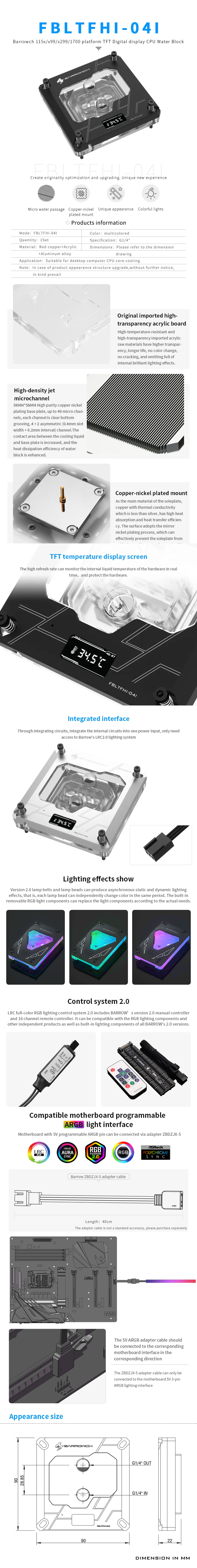 Barrowch Waterblock CPU avec écran pour Intel (LGA1700/1200) - Noir (FBLTFHI-04I)